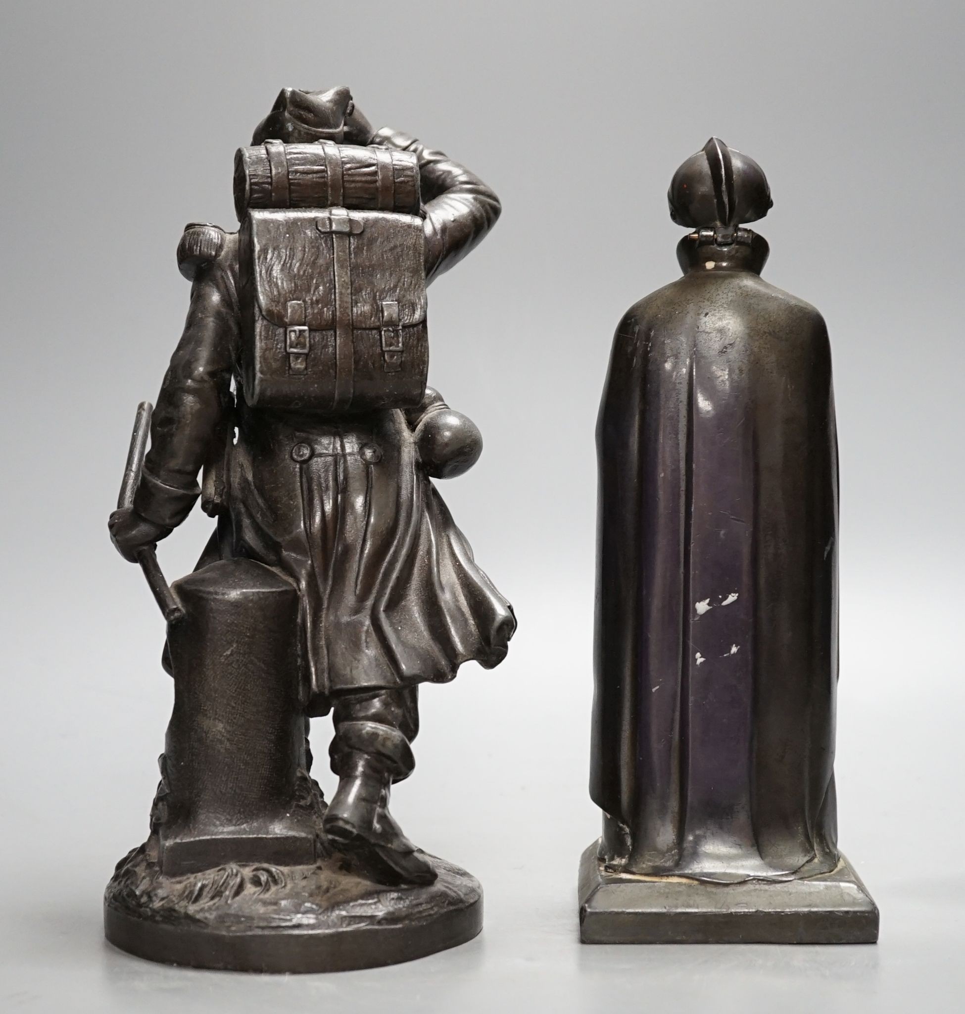 A spelter figure, 'Le Retour' and a similar 'knight' table lighter 27cm